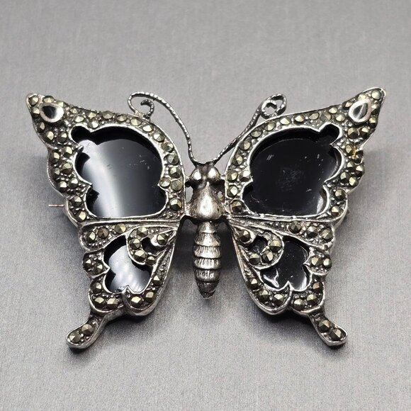 VTG Sterling Silver 925 Butterfly Brooch 2" Marcasite Black Onyx 14.67g - Picture 5 of 11
